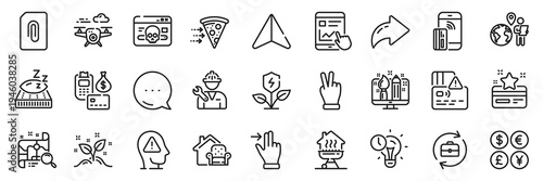 Contactless payment, Victory hand and Mattress line icons pack. Share, Message, Paper plane icons. Food delivery, Search map, Card web icon. Internet report, Home grill, Payment pictogram. Vector