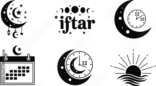 Ramadan iftar time icons vector set, crescent moon clock sunset calendar illustration, islamic fasting breaking fast clipart 