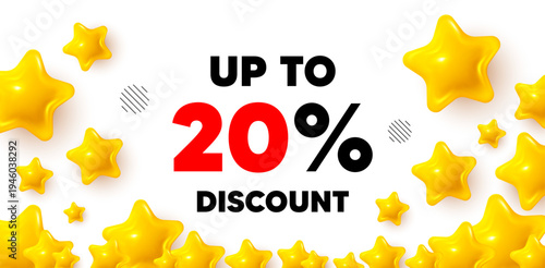 Discount tag winner banner with 3d stars. Golden stars banner. Up to 20 percent discount. Sale offer price sign. Special offer symbol. Save 20 percentages. Review rate background. Vector