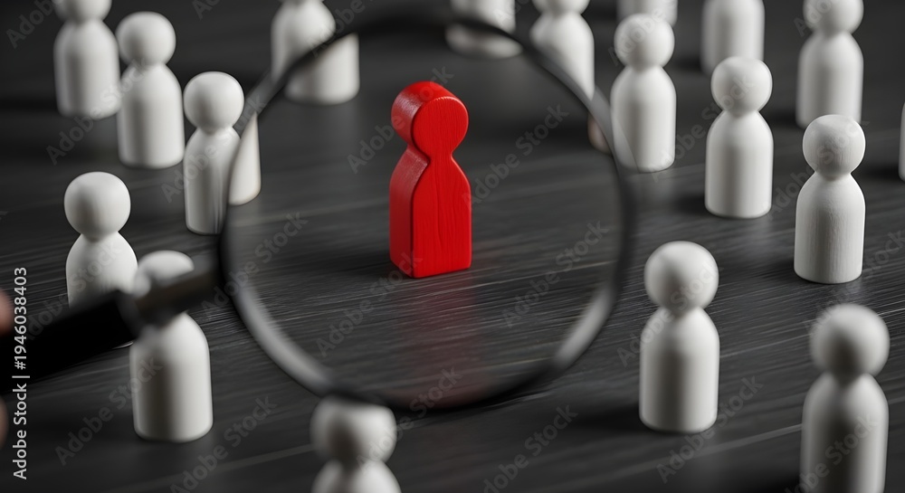 Obraz premium Magnifying glass highlighting a single red figure among many white people, symbolizing individuality, unique talent identification, target audience selection, or standing out in a collective group