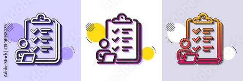 Checklist line icon. Halftone dotted pattern. Gradient icon with grain shadow. Clipboard document sign. Questioning survey symbol. Line checklist icon. Various designs. Vector