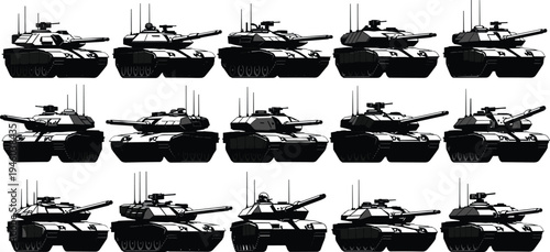 Stylized black and white grid illustration of fifteen modern battle tanks with varied turret designs, gun barrel lengths, and equipment, highlighting one unique blue tank for military visualization.