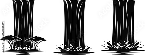 Waterfall silhouette vector set, natural falling water landscape illustration, forest cascade splash nature clipart