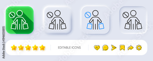 Stop shopping line icon. Neumorphic, Flat shadow, 3d buttons. No panic buying sign. Man with shopping bags symbol. Line stop shopping icon. Social media icons. Vector