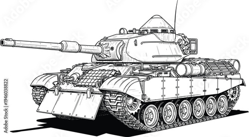 Detailed black and white line drawing of modern military battle tank with rotating turret, large gun barrel, dozer blade, armor plating, external fuel tanks, and structural components.