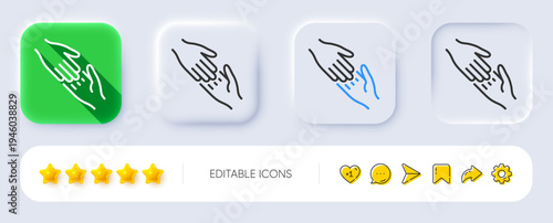 Helping hand line icon. Neumorphic, Flat shadow, 3d buttons. Give gesture sign. Charity palm symbol. Line helping hand icon. Social media icons. Vector