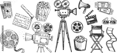 Hand Drawn Cinema and Movie Icons Set with Film Camera, Popcorn, Director Chair, Clapperboard, Ticket and Film Reel Sketch Vector Illustration