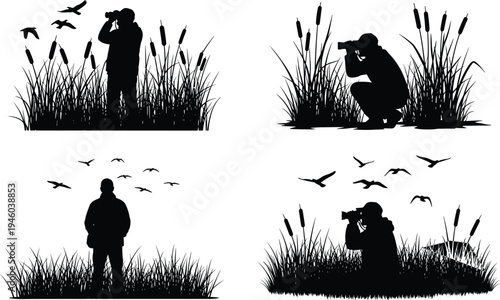 Wildlife photographer silhouette vector set, bird watching nature observer illustration, outdoor photography wildlife scene clipart collection