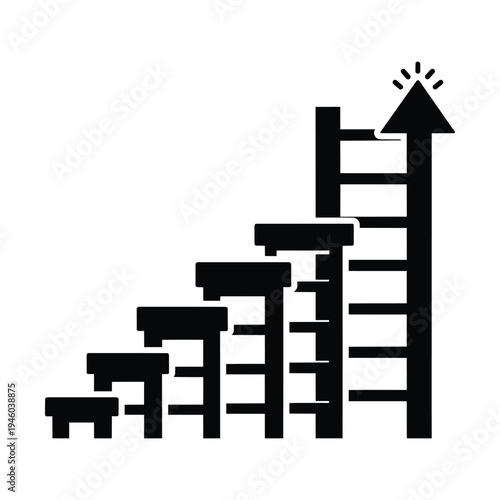 Black and white icon depicting a progression of steps and a ladder leading upwards to a shining arrow, symbolizing growth and success.