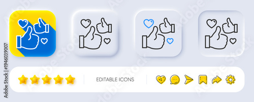Like line icon. Neumorphic, Flat shadow, 3d buttons. Thumbs up with heart sign. Positive feedback, social media symbol. Line like icon. Social media icons. Vector