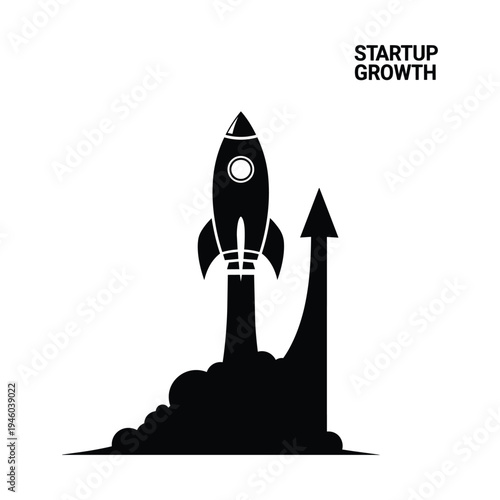 Black silhouette of a rocket launching upwards with an arrow, symbolizing startup growth and business success on a white background.