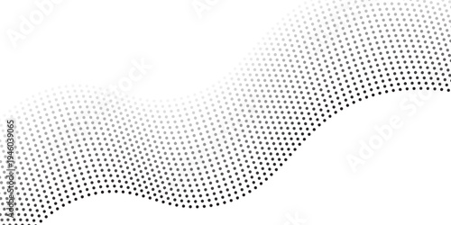 Flowing dots particles wave pattern halftone gradient curve shape isolated on white background. Vector in concept of technology, science, music, modern.