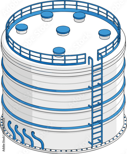 3D model illustration of large cylindrical industrial storage tank with reinforcement rings, ladder access, safety railing, roof hatches, and piping connections for engineering, manufacturing, 