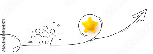 Buyers with shopping cart line icon. Continuous line with share plane. Customers group sign. Supermarket clients symbol. 3d star in speech bubble. Buyers single line ribbon. Loop curve pattern. Vector