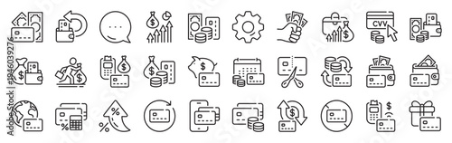 Credit card line icons. Settings gear, Message, Inflation icons. Payment card terminal, bankrupt and contactless pay set. Bank atm exchange, cut credit card and CVV code line icons. Vector
