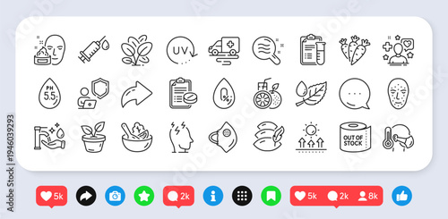 Patient, Medical syringe and Uv protection line icons pack. Social media: share, comment, like icons. No alcohol, Leaf dew, Pillow web icon. Vector