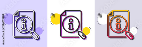 Search info line icon. Halftone dotted pattern. Gradient icon with grain shadow. User manual sign. Information document symbol. Line search icon. Various designs. Vector
