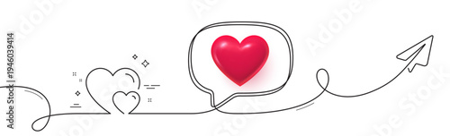 Couple Love line icon. Continuous line with share plane. Two Hearts sign. Valentines day symbol. 3d heart in speech bubble. Hearts single line ribbon. Loop curve pattern. Vector