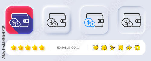 Wallet with Cash money line icon. Neumorphic, Flat shadow, 3d buttons. Dollar currency sign. Payment method symbol. Line buying accessory icon. Social media icons. Vector