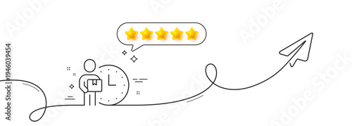 Delivery man line icon. Continuous line with share plane. Courier with package sign. Things deliver symbol. Five star rate review in speech bubble. Delivery man single line ribbon. Vector