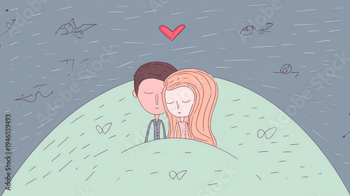 Couple sitting close together on a hill under a stormy sky with a heart above them