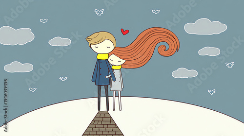 Couple standing on a hilltop with gentle wind blowing through their hair during a clear day