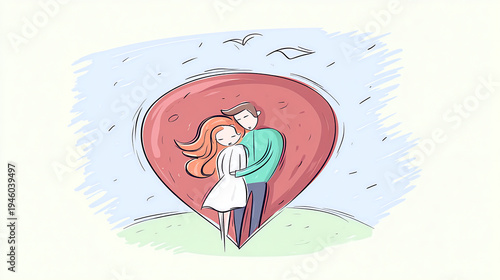 Couple embracing in heart shape surrounded by a simple landscape during a sunny day