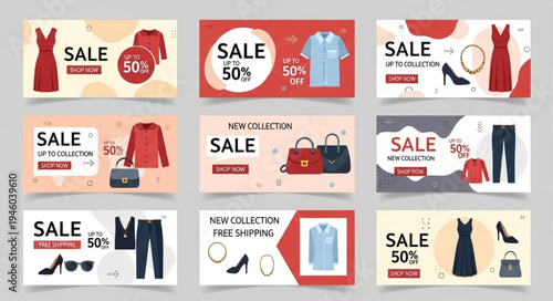 Collection of Fashion Sale Banners with Clothing and Accessories.