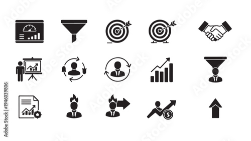  Sales funnel and business growth glyph icon set for lead generation, target achievement, and performance strategy design