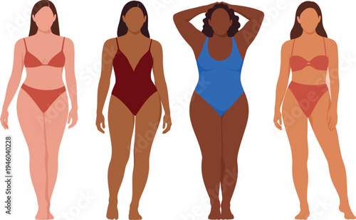 This illustration features four diverse women in swimwear, showcasing different body types and skin tones. The faceless, minimalist art style highlights their distinct figures and promotes inclusivity