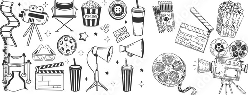 Hand Drawn Cinema Movie Doodle Set with Film Camera, Popcorn, Clapperboard, Ticket and Director Chair Sketch Vector Illustration