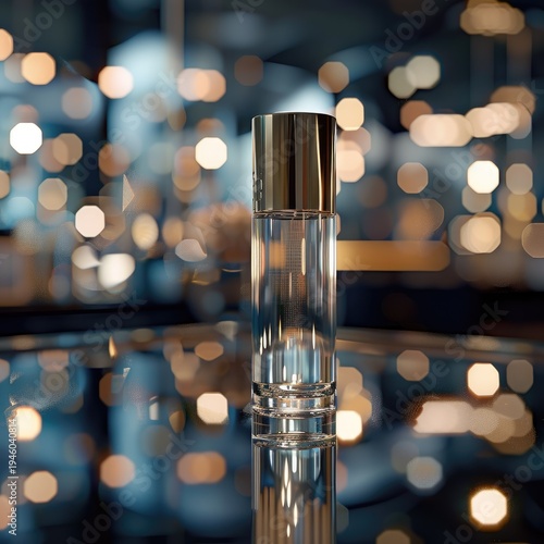 Elegant Perfume Bottle with Golden Cap on Reflective Surface Against Bokeh Lights.