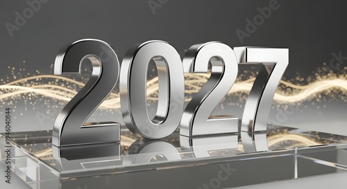 A shiny metallic sculpture of the year 2027 on a reflective base with light trails in the background