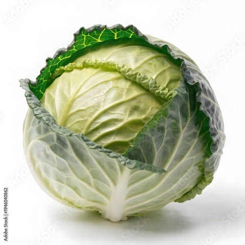 Fresh Green Cabbage Isolated on White Background, Healthy Organic Vegetable
