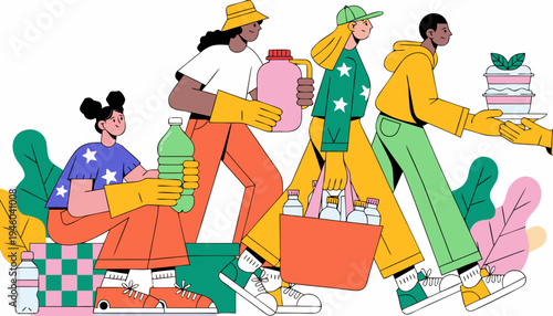 Diverse group of four women carrying drinks and snacks in colorful clothing, preparing for a springtime picnic with greenery and picnic items in the background