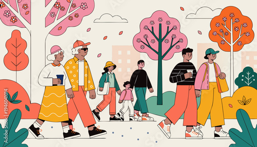 Diverse group of people enjoying springtime activities while walking in a park with blooming trees and colorful flowers, showcasing vibrant seasonal fashion and leisure