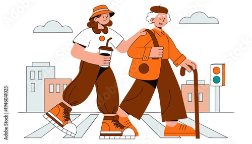 Vector illustration of volunteer assisting elderly man while crossing street, wearing casual clothing, with city buildings and traffic light in the background. International Day of Charity