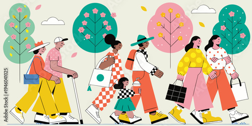 Diverse group of people enjoying springtime activities while walking outdoors, surrounded by blooming trees and colorful flowers in a vibrant urban setting