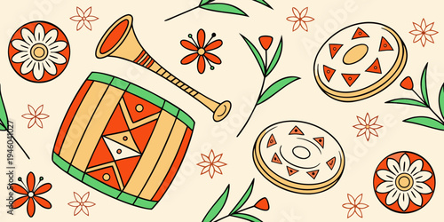 Colorful pattern featuring traditional musical instruments and floral designs for celebrating Bohag Bihu, showcasing vibrant colors and intricate details on a light background