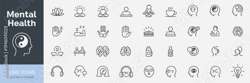 Mental Health Icons Set Vector, Psychology Brain Therapy Outline Icon Collection, Mind Care Editable Line Symbols Pack