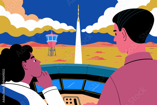 Two figures in a control room observe an advanced cruise missile test launch in a desert landscape with a launch tower and colorful sky in the background