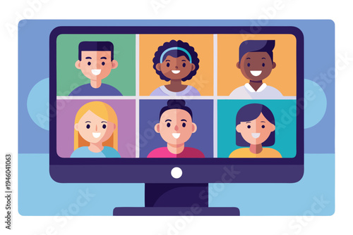 Flat vector illustration of large computer monitor displaying six diverse individuals in a video call, featuring various hairstyles and expressions against, highlighting technology and collaboration