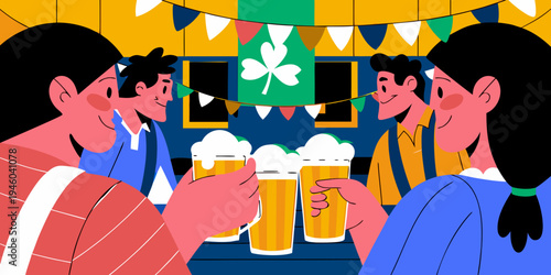 Group of friends celebrating St. Patrick's Day with raised beer glasses in a festive Irish bar decorated with green and gold bunting and a shamrock symbol