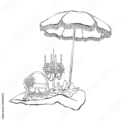 A beach umbrella, basket, candelabra with candles, and a seashell with a bottle of wine. Vintage illustration for a beach party or coastal wedding. Black vector outline clip art.