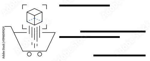 Shopping cart receiving cube symbolizing digital products. Ideal for e-commerce, online shopping, digital marketing, data transfer, technology, innovation, simple flat metaphor