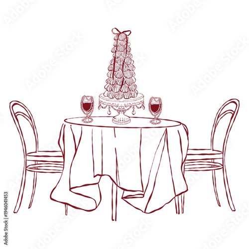 Romantic dinner, elegant table setting, Valentines Day dinner, weddings. Table for two, hand-drawn clip art in red. Vector outline illustration.