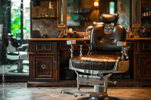 Vintage Barber Chair in a Classic Barbershop Interior.