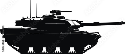 Black and white silhouette side view illustration of modern military battle tank with long barrel gun, turret equipment, antennas, caterpillar tracks, and angular armor plating for