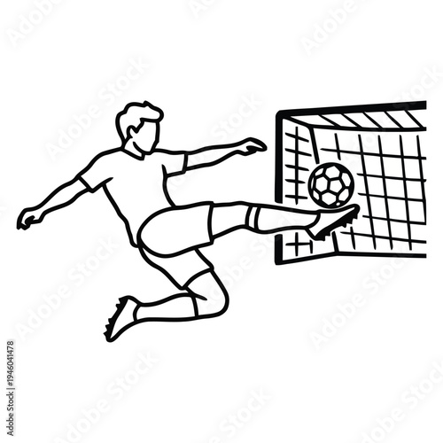 Soccer player kicks the ball into the goal in black and white.