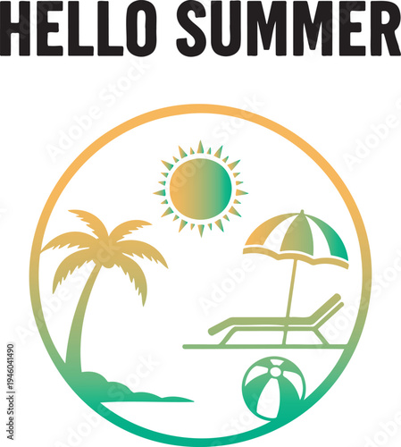 Vibrant summer beach scene emblematic of tropical getaways featuring a relaxing lounge chair under a striped umbrella a palm tree swaying gently a beach ball ready for play and a radiant sun
